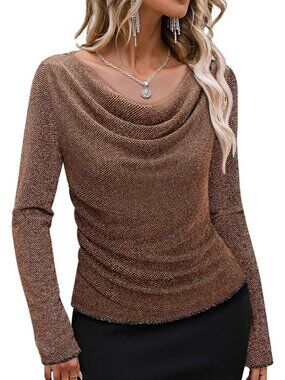 Women's Gold Diamond Cowl Neck Stretchy Glitter Cocktail Party Long Sleeve Tops